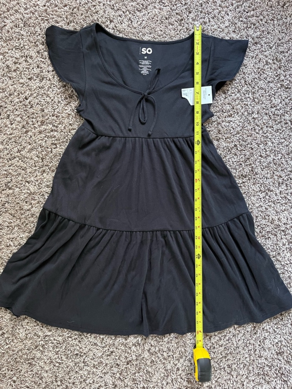 SO Black Ribbed Knit Tiered Babydoll Mini‎ Dress Tie Front Flutter Sleeve Size M - Picture 5 of 5
